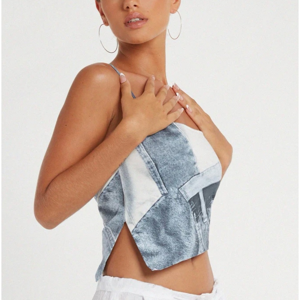 Mesh Denim Patchwork Crop Top